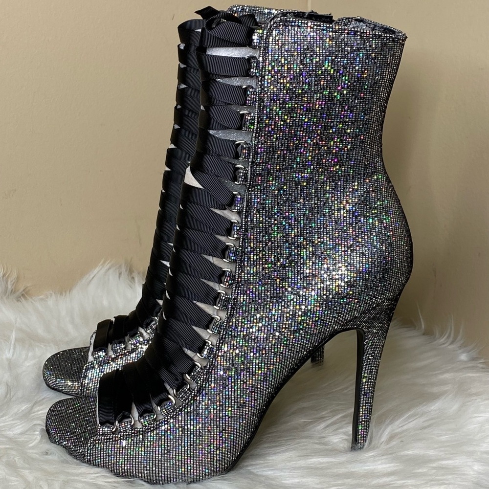 Steve Madden Iridescent Glitter Lace-Up Peep-Toe Stiletto Booties - Black Ribbon - Picture 4 of 9